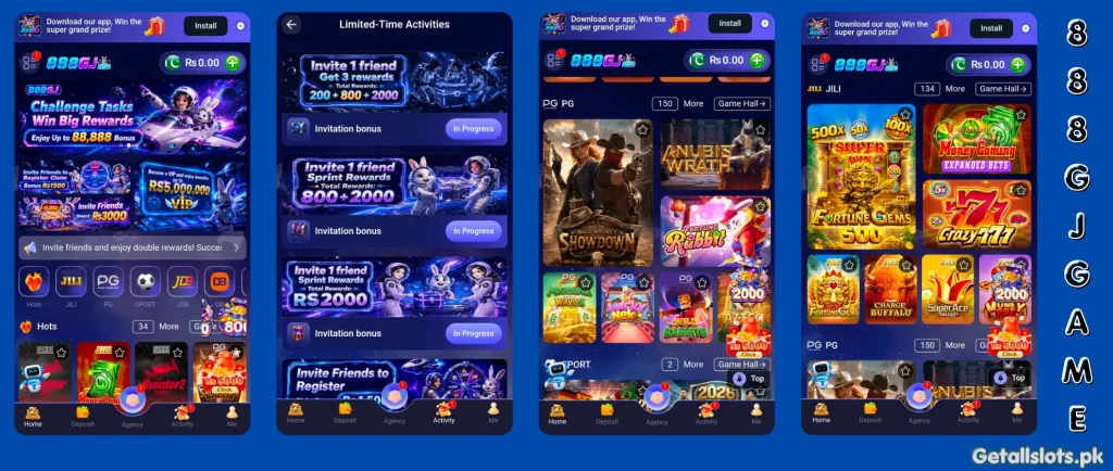 888GJ Game real earning app dashboard and bonus offers