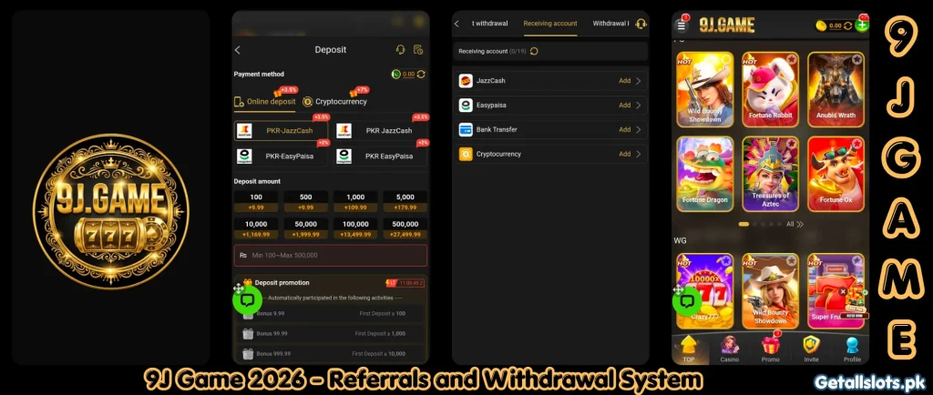 9J Game secure deposit and verified withdrawal interface with real cash payouts