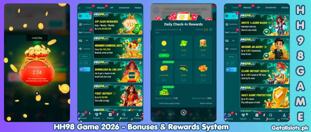 HH98 Game welcome bonus, daily rewards, and referral earning system