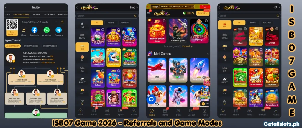 ISB07 Game referral center featuring invite rewards, VIP benefits, and diverse game categories
