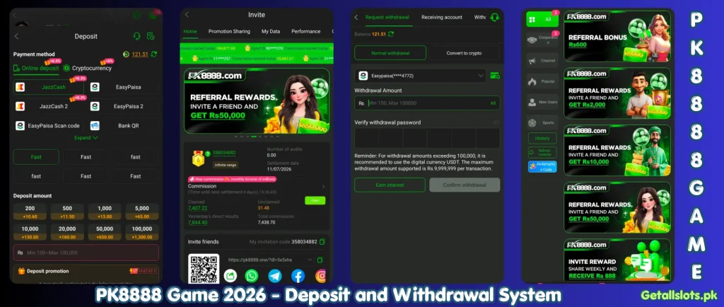 PK8888 Game deposit page supporting Easy paisa, Jazz cash and bank transfer for secure account funding