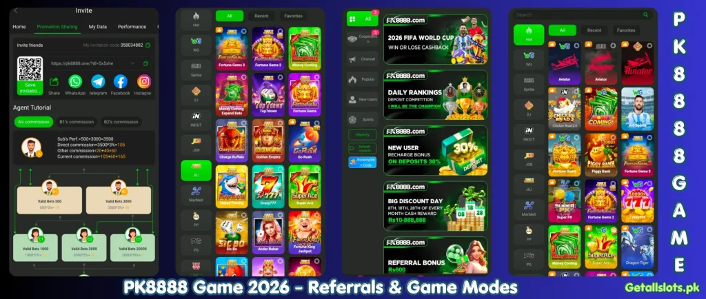 PK8888 Game interface displaying available game modes and featured games.