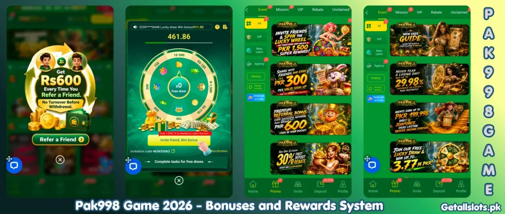 Pak998 Game welcome bonus, daily rewards, and exclusive promotional offers.