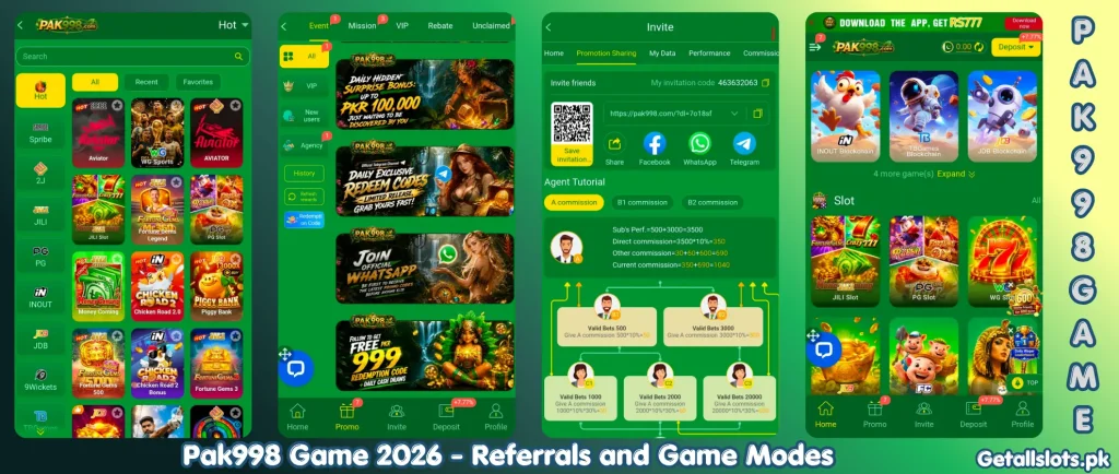 Pak998 Game gameplay modes, referral bonuses, and invite friends reward system in 2026.