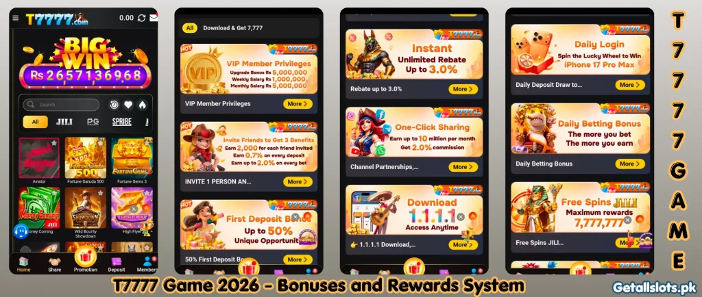 T7777 Game 2026 reward section with bonus offers, achievement prizes, and special benefits