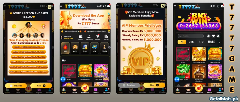 T7777 Game 2026 dashboard showing exciting games, bonuses and earning features