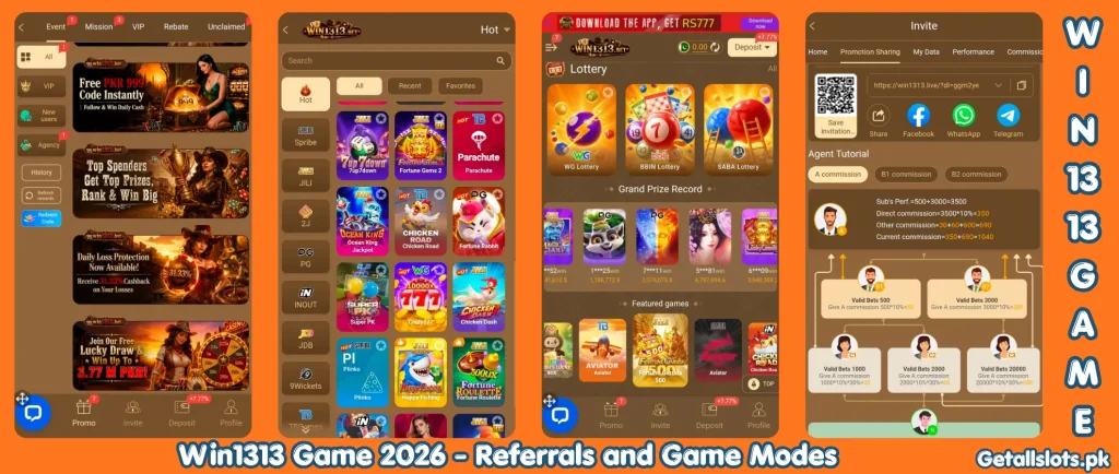 Win1313 Game dashboard showing multiple game modes