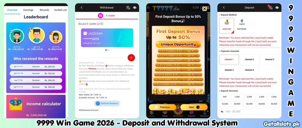 9999 Win Game deposit and withdrawal system showing secure payments, wallet options, and easy cash out features
