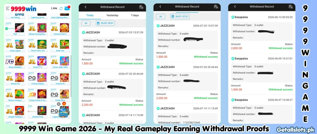 9999 Win Game real earning withdrawal history showing successful Jazz Cash and Easy paisa payment records