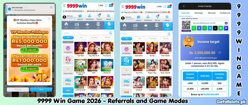 9999 Win Game gameplay screen featuring multiple game modes, reward options, and the friend referral program