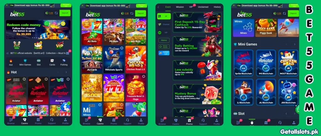 Bet55 Game 2026 platform with game modes, rewards, bonuses, and cash out features