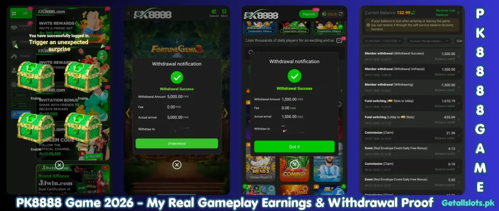 PK8888 Game real earning withdrawal proof with successful PKR 5,000 and PKR 1,500 cash out screenshots from gameplay